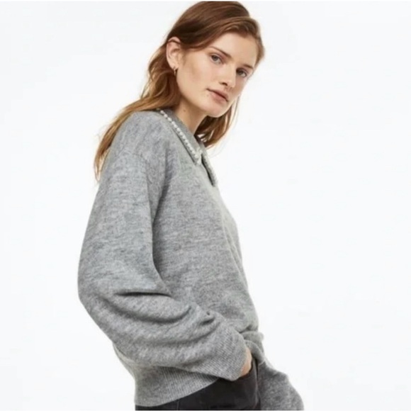 H&M Sweater Womens Small Gray Faux Pearl Beads Collar Wool Stretch Blend Winter - Picture 2 of 11